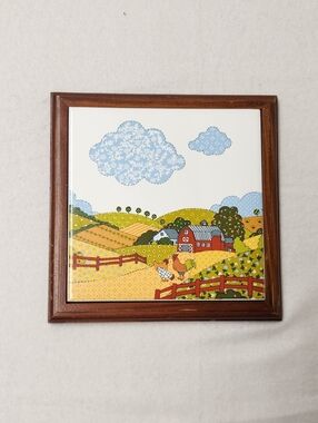 VTG Potpourri Press Wood Framed Ceramic Tile Trivet Art Farm Landscape Chickens